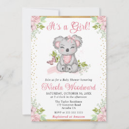 Invitación Acuarela Dulce Koala Floral Chica Baby Shower