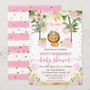 Invitación Acuarela Dulce León de la Jungla Rosa Baby Shower