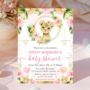 Invitación Acuarela Dulce León de la Jungla Rosa Baby Shower