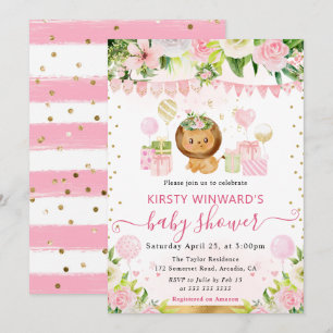 Invitación Acuarela Dulce León de la Jungla Rosa Baby Shower