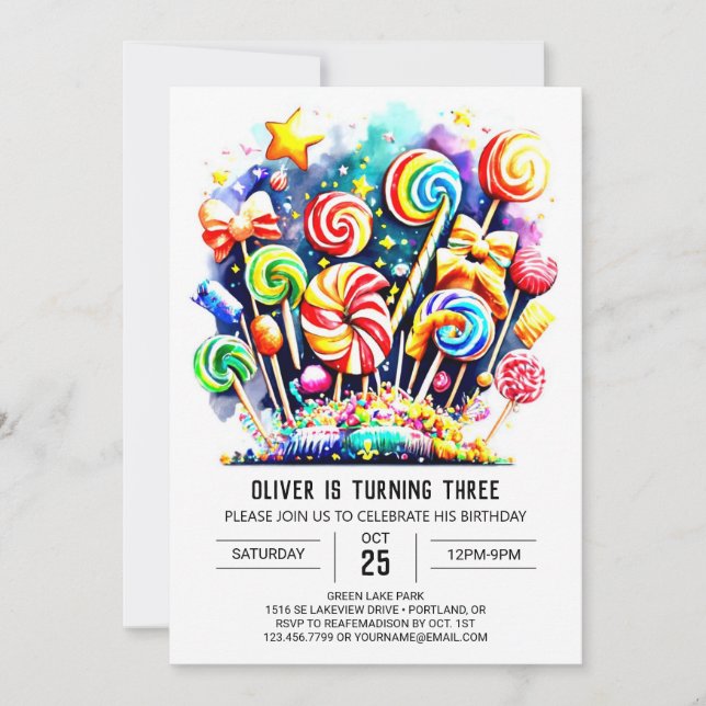 Invitación Acuarela dulce Lollipop Cumpleaños (Anverso)