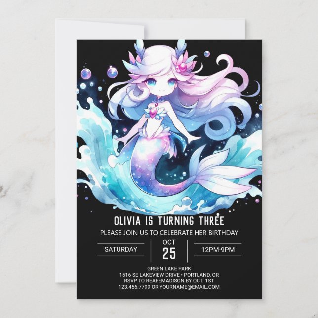 Invitación Acuarela Dulce Mermaid Cumpleaños (Anverso)