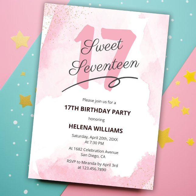 Invitación Acuarela Dulce Rosa Diecisiete Cumpleaños 17 (Subido por el creador)
