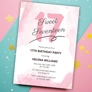 Invitación Acuarela Dulce Rosa Diecisiete Cumpleaños 17