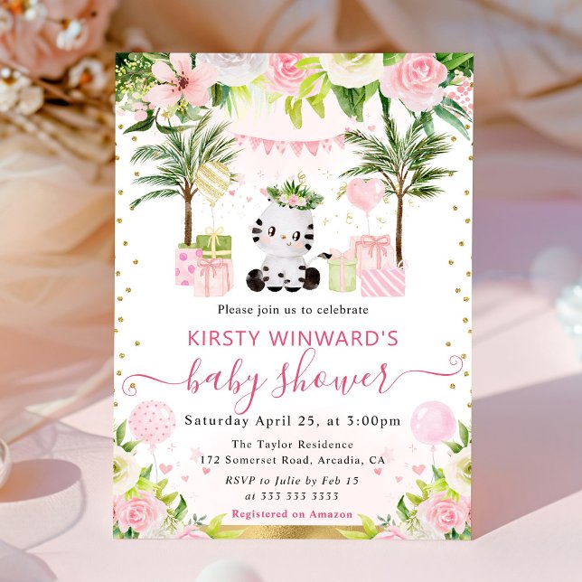 Invitación Acuarela Dulce Selva Rosa Cebras Shower de Bebé (Subido por el creador)