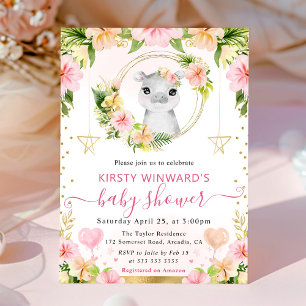 Invitación Acuarela Dulce Selva Rosa Hipopótamo Baby Shower