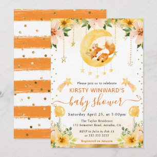 Invitación Acuarela Dulce Zorro Floral en la Luna Baby Shower