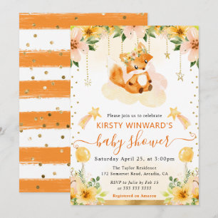 Invitación Acuarela Dulce Zorro Floral en Nube Fiesta de Bebé
