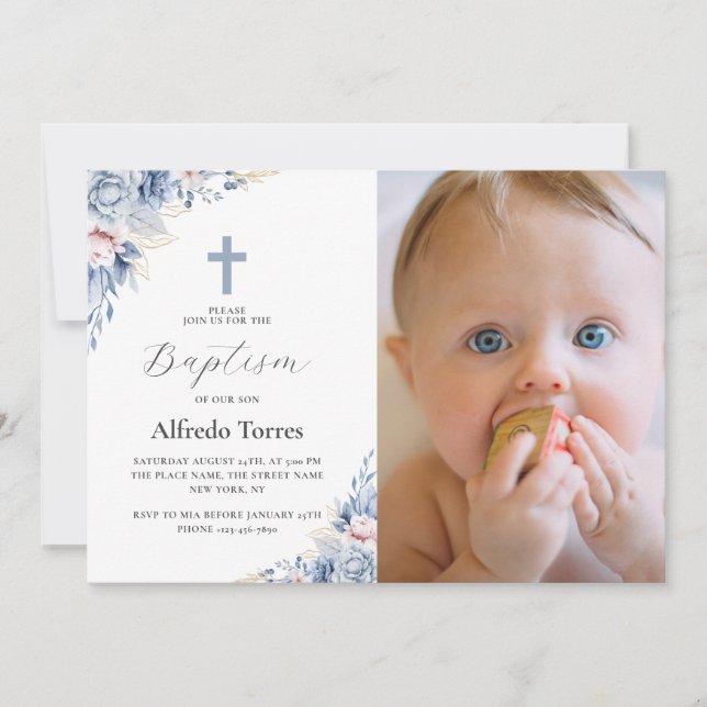 Invitación Acuarela Dusty Azul Floral Baptismo Fantástico (Anverso)