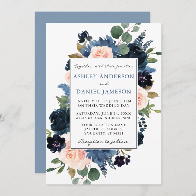 Invitación Acuarela Dusty Azul y Boda Floral Rosa (Anverso / Reverso)