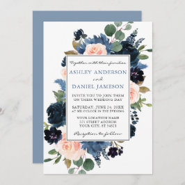 Invitación Acuarela Dusty Azul y Boda Floral Rosa