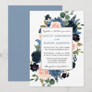 Invitación Acuarela Dusty Azul y Boda Floral Rosa