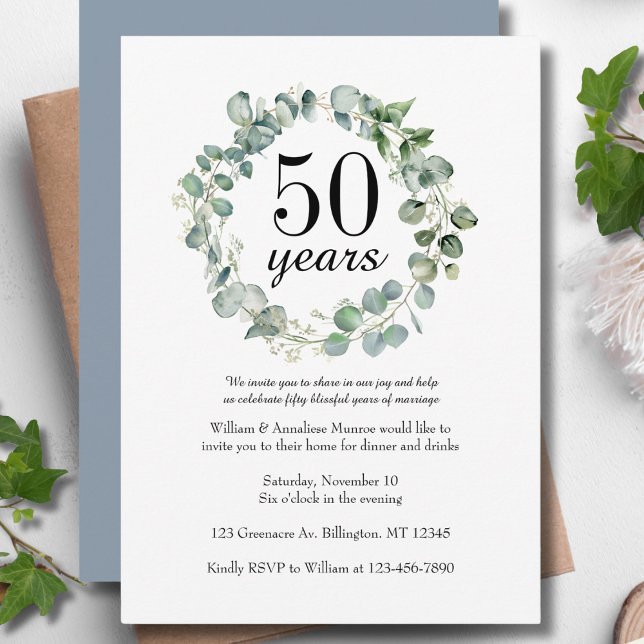 Invitación Acuarela Dusty Blue 50° Aniversario del Boda (Subido por el creador)