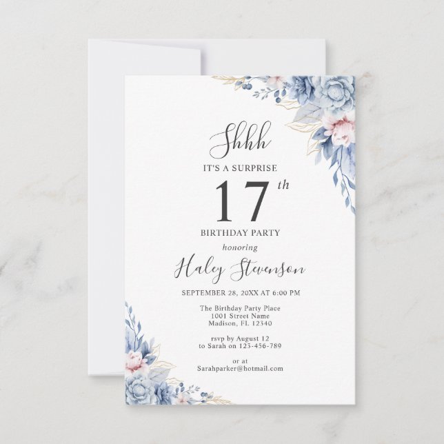 Invitación Acuarela Dusty Blue Boho Presupuesto 17 cumpleaños (Anverso)