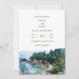 Invitación Acuarela Dusty Blue Coastal Woodsy Beach Wedding