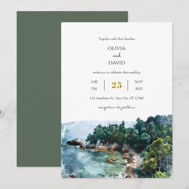 Invitación Acuarela Dusty Blue Coastal Woodsy Beach Wedding (Anverso / Reverso)