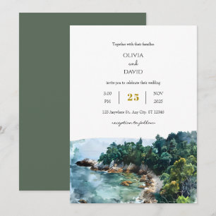 Invitación Acuarela Dusty Blue Coastal Woodsy Beach Wedding