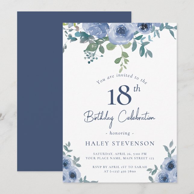 Invitación Acuarela Dusty Blue Floral 18ª Moda Cumpleaños (Anverso / Reverso)