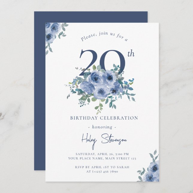 Invitación Acuarela Dusty Blue Floral 20ª Moda Cumpleaños En (Anverso / Reverso)