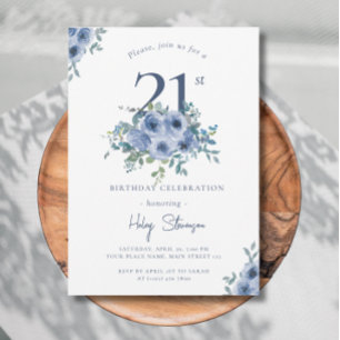 Invitación Acuarela Dusty Blue Floral 21ª Moda Cumpleaños En
