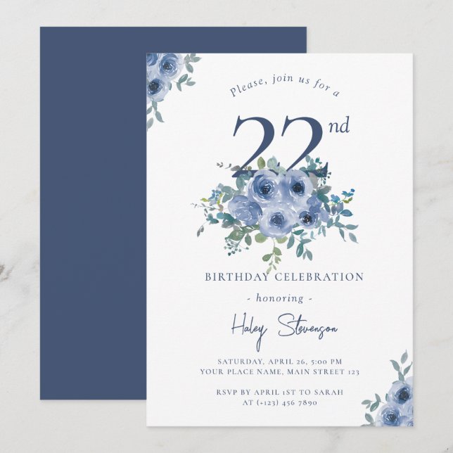 Invitación Acuarela Dusty Blue Floral 22ª Moda Cumpleaños (Anverso / Reverso)