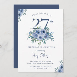 Invitación Acuarela Dusty Blue Floral 27ª Moda Cumpleaños