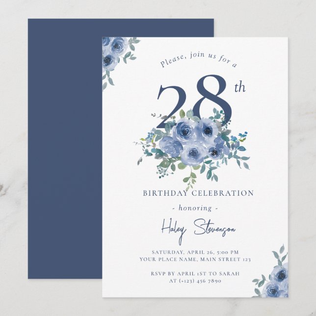 Invitación Acuarela Dusty Blue Floral 28ª Moda Cumpleaños (Anverso / Reverso)