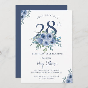 Invitación Acuarela Dusty Blue Floral 28ª Moda Cumpleaños