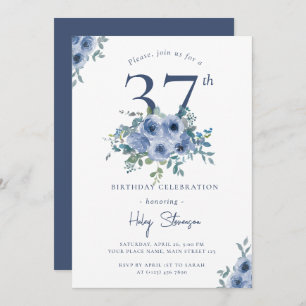 Invitación Acuarela Dusty Blue Floral 37ª Moda Cumpleaños