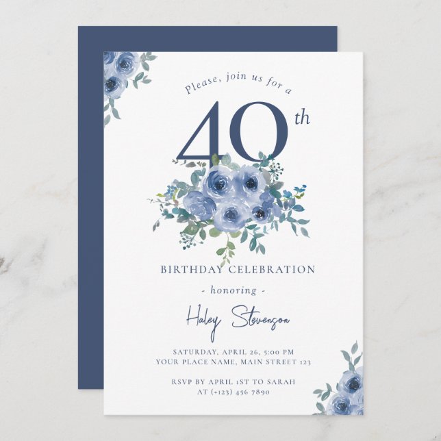 Invitación Acuarela Dusty Blue Floral 40ª Moda Cumpleaños (Anverso / Reverso)