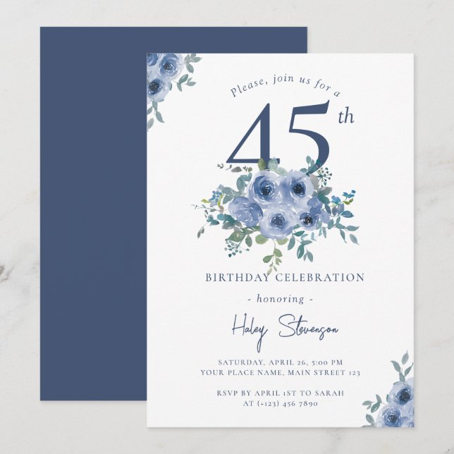 Invitación Acuarela Dusty Blue Floral 45ª Moda Cumpleaños (Anverso / Reverso)