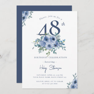 Invitación Acuarela Dusty Blue Floral 48ª Moda Cumpleaños