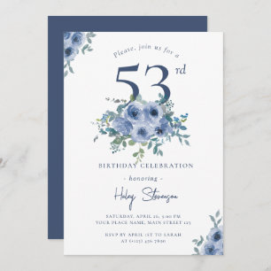 Invitación Acuarela Dusty Blue Floral 53ª Moda Cumpleaños