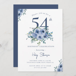 Invitación Acuarela Dusty Blue Floral 54ª Moda Cumpleaños