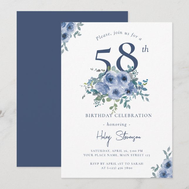 Invitación Acuarela Dusty Blue Floral 58ª Moda Cumpleaños (Anverso / Reverso)