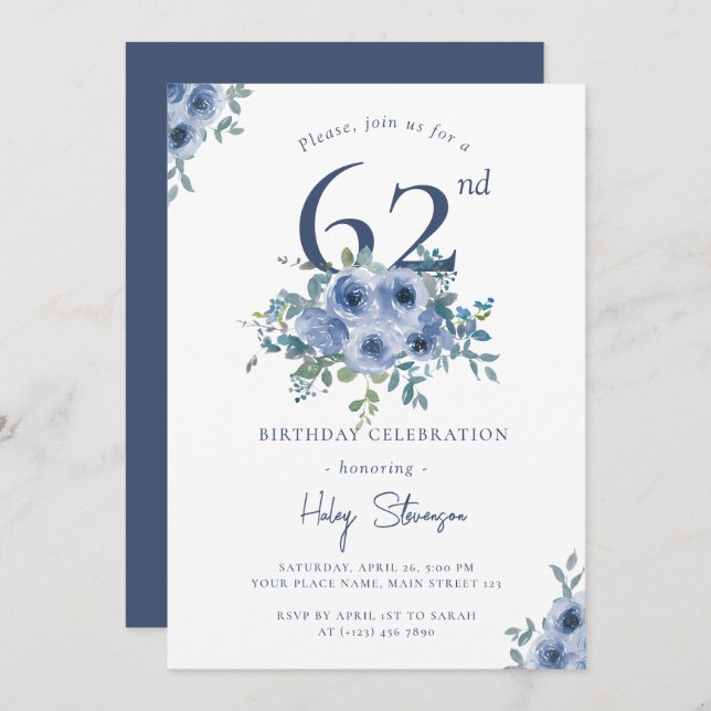 Invitación Acuarela Dusty Blue Floral 62ª Moda Cumpleaños (Anverso / Reverso)