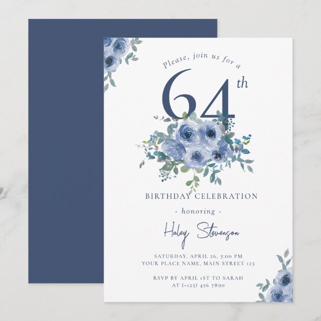 Invitación Acuarela Dusty Blue Floral 64ª Moda Cumpleaños (Anverso / Reverso)
