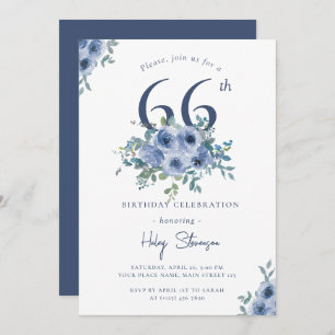 Invitación Acuarela Dusty Blue Floral 66ª Moda Cumpleaños