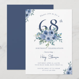 Invitación Acuarela Dusty Blue Floral 68ª Moda Cumpleaños