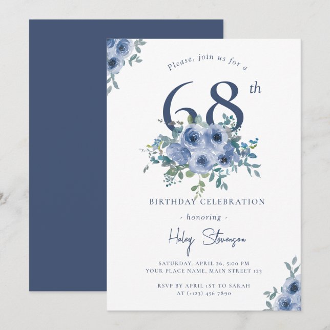 Invitación Acuarela Dusty Blue Floral 68ª Moda Cumpleaños (Anverso / Reverso)