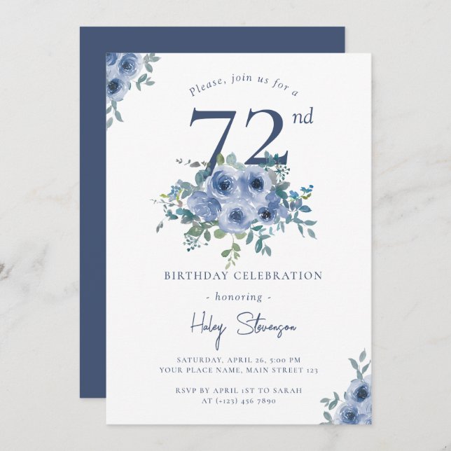Invitación Acuarela Dusty Blue Floral 72ª Moda Cumpleaños (Anverso / Reverso)