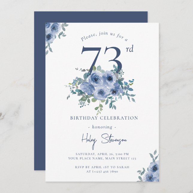 Invitación Acuarela Dusty Blue Floral 73ª Moda Cumpleaños (Anverso / Reverso)