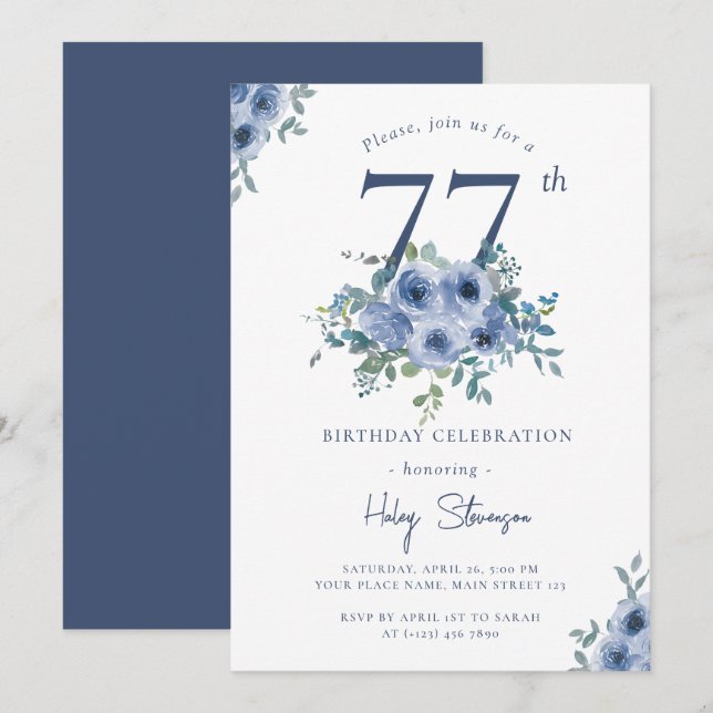 Invitación Acuarela Dusty Blue Floral 77ª Moda Cumpleaños (Anverso / Reverso)
