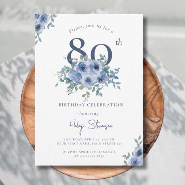 Invitación Acuarela Dusty Blue Floral 80ª Moda Cumpleaños (Subido por el creador)