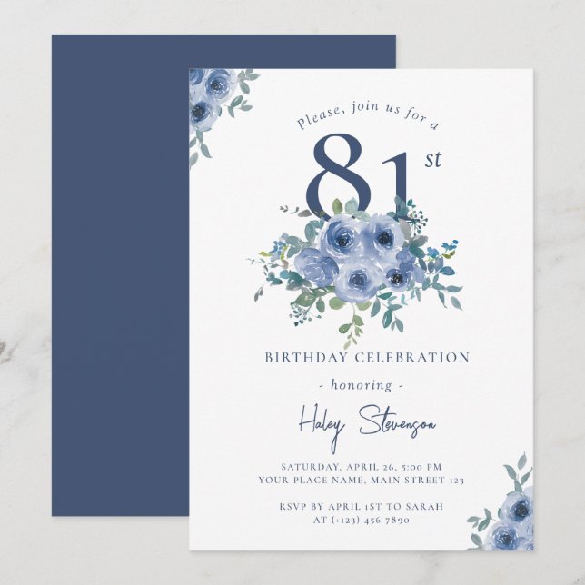 Invitación Acuarela Dusty Blue Floral 81ª Moda Cumpleaños (Anverso / Reverso)