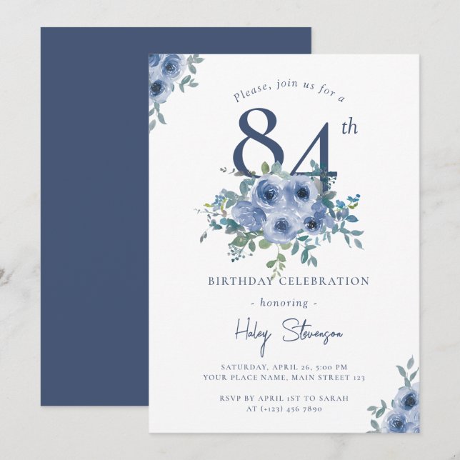 Invitación Acuarela Dusty Blue Floral 84ª Moda Cumpleaños (Anverso / Reverso)