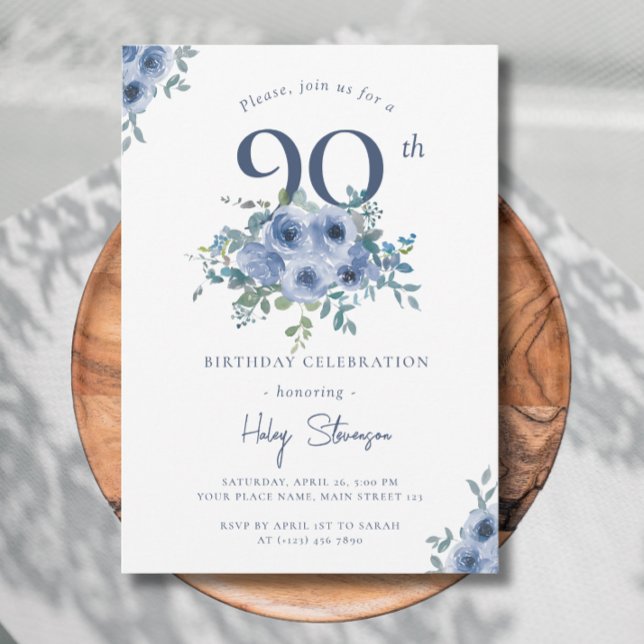 Invitación Acuarela Dusty Blue Floral 90ª Moda Cumpleaños (Subido por el creador)