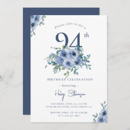 Invitación Acuarela Dusty Blue Floral 94ª Moda Cumpleaños