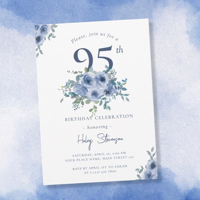 Invitación Acuarela Dusty Blue Floral 95ª Moda Cumpleaños (Subido por el creador)