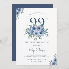 Invitación Acuarela Dusty Blue Floral 99ª Moda Cumpleaños